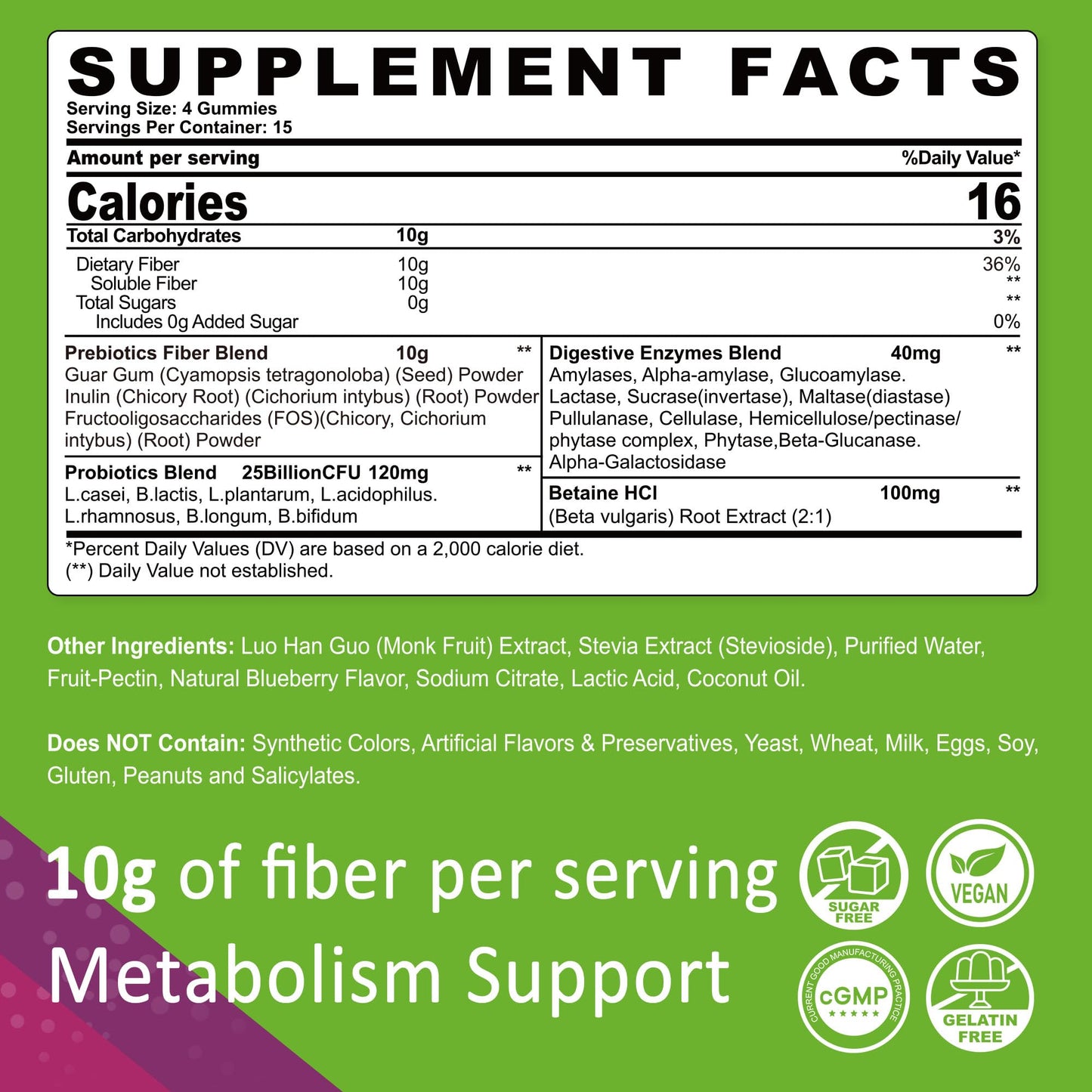 Fiber Gummies for Adults, GLP-1 Friendly 10g Prebiotic Fiber Supplement w/ Digestive Enzymes, Probiotics & 100mg Betaine for Digestive & Gut Health and Regulate Bowel Movement, Vegan, Sugar Free,120ct