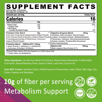 Fiber Gummies for Adults, GLP-1 Friendly 10g Prebiotic Fiber Supplement w/ Digestive Enzymes, Probiotics & 100mg Betaine for Digestive & Gut Health and Regulate Bowel Movement, Vegan, Sugar Free,120ct