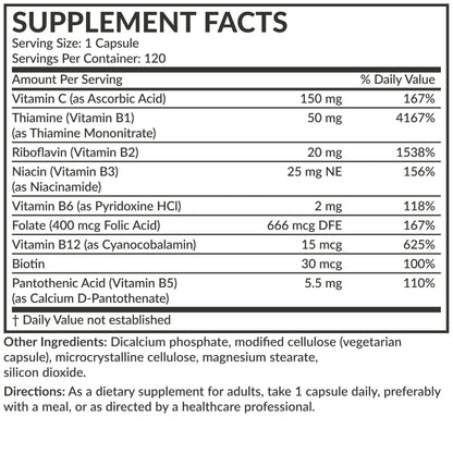 Futurebiotics Vitamin B Complex with Vitamin C Supports Energy Production, Nervous System & Immune Support - Non-GMO, 120 Vegetarian Capsules