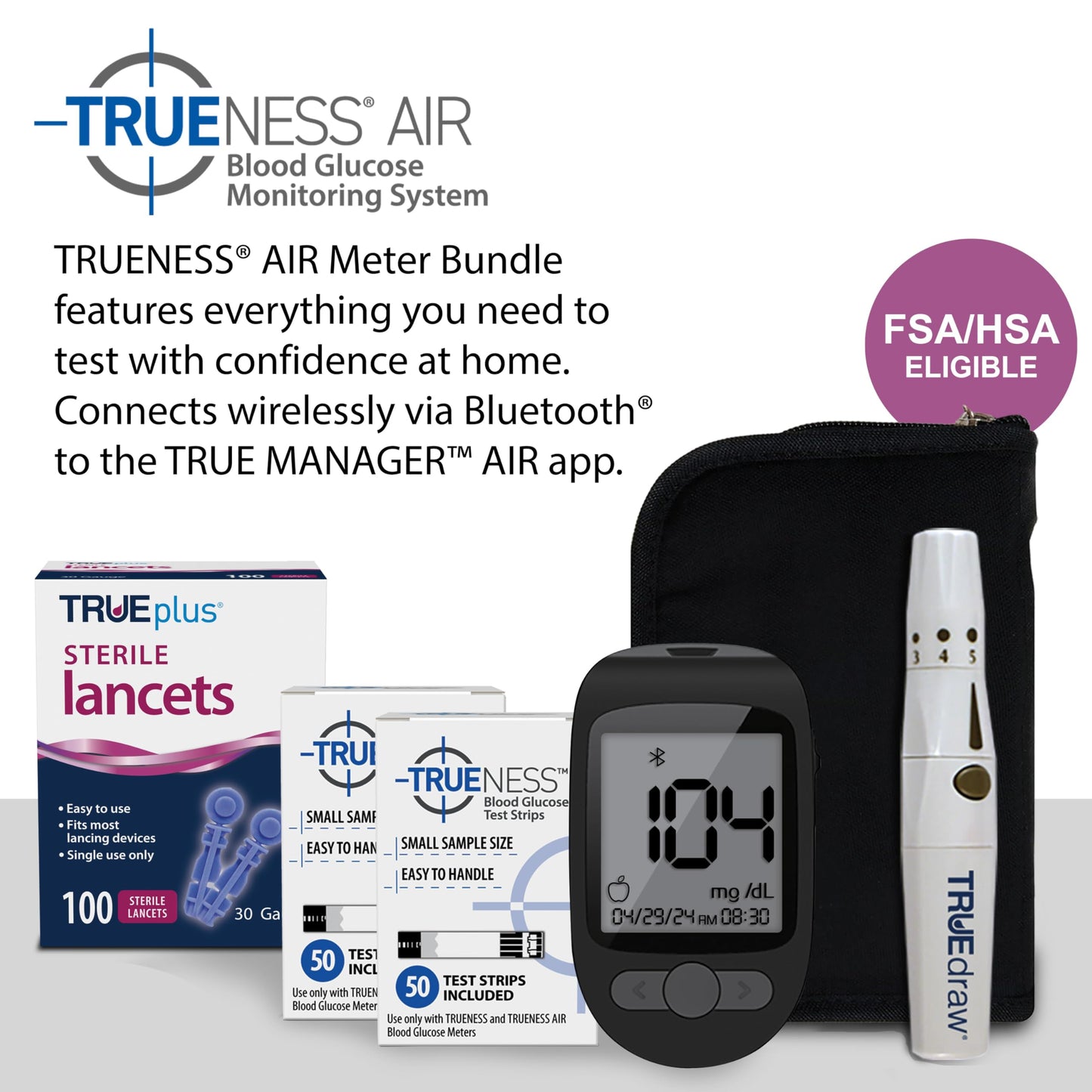 TRUENESS Blood Glucose Meter Kit with Testing Supplies | Includes Blood Glucose Monitor, Case, 100 Test Strips, 100 Lancets, Lancing Device - Fast, Easy Testing Supplies for Home Use
