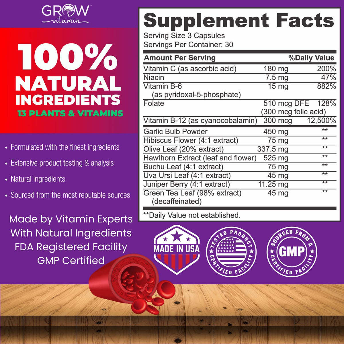 grow vitamin Blood Pressure Formula - Herbal Blend, Non-GMO, Gluten-Free - 90 Capsules