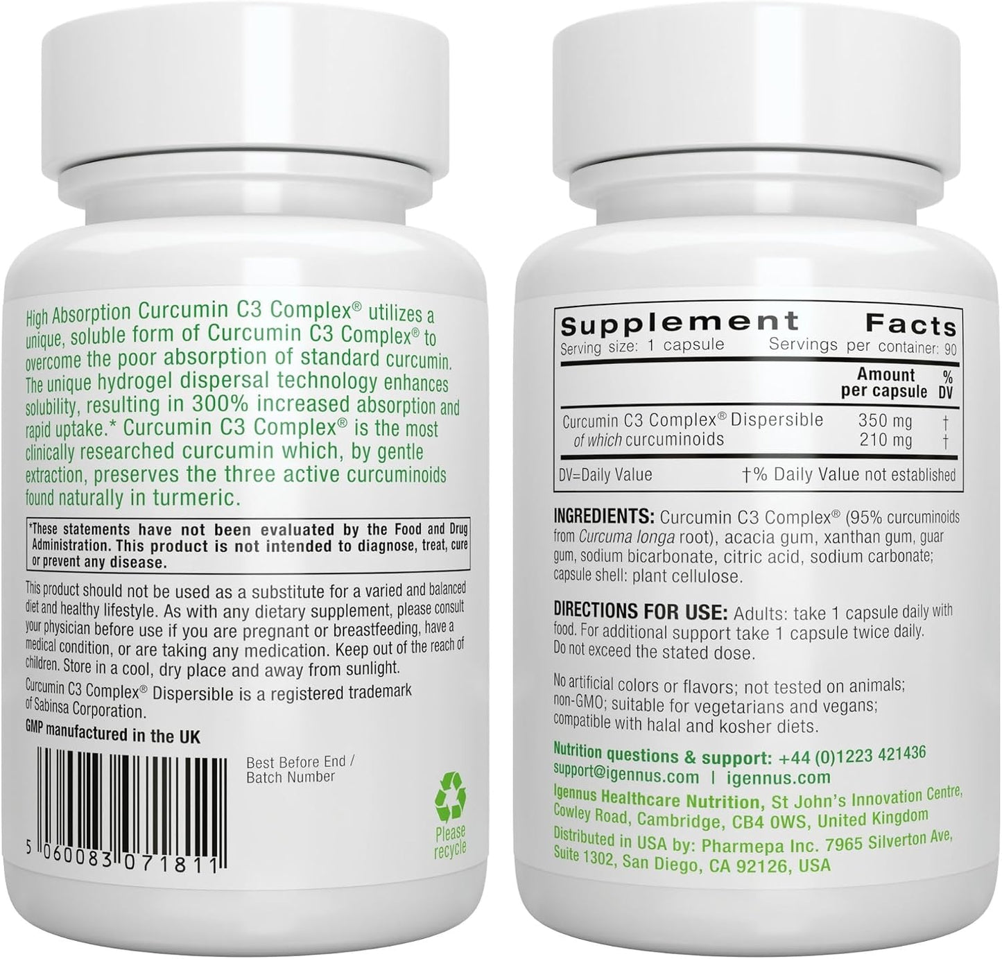 Igennus Advanced Curcumin C3 Complex, 300% Greater Absorption & Rapid Uptake, 95% Standardised Extract, 90 Servings, Clean Label, Vegan Supplement, 1-a-Day, 90 Capsules