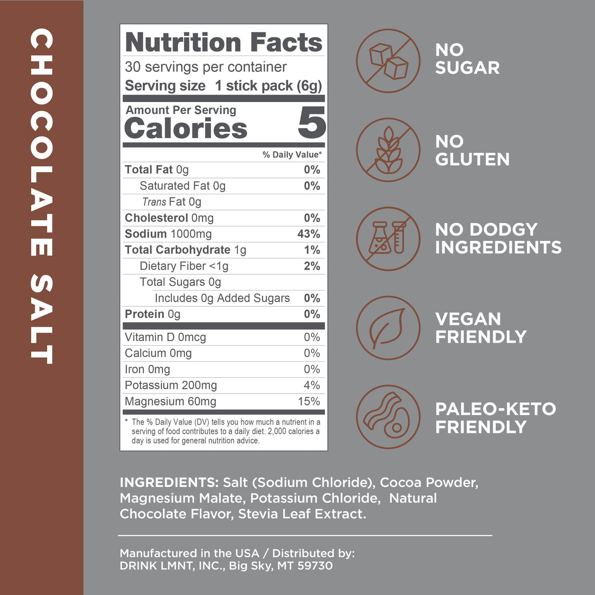 LMNT Zero-Sugar Electrolytes - Hot Chocolate Salt - Hydration Powder Packets