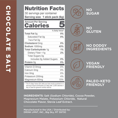 LMNT Zero-Sugar Electrolytes - Hot Chocolate Salt - Hydration Powder Packets