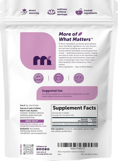 Selenium Supplements for Women & Men 200mcg Per Serving, 500 Softgels | Made with Coconut Oil | Essential Trace Mineral as L-Selenomethionine | 16+ Month Supply | Non-GMO, Gluten Free