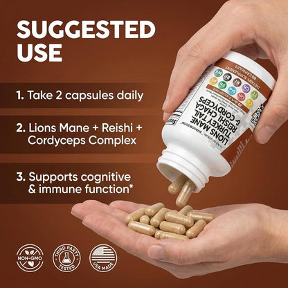 Clean Nutraceuticals Lions Mane 20in1 Mushroom Supplement with Turkey Tail Reishi Cordyceps Chaga Maitake Meshima Poria Cocos Shiitake Oyster Porcini Enoki - 1 Pack