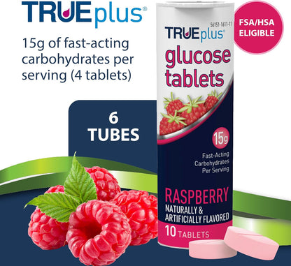 TRUEplus Glucose Tablets, Raspberry Flavor, 10 Count, 6 Tubes | Chewable Tablets, 15g Fast-Acting Carbohydrates, Fat Free, Gluten Free, Boosts Energy, Great Tasting and Easy to Use