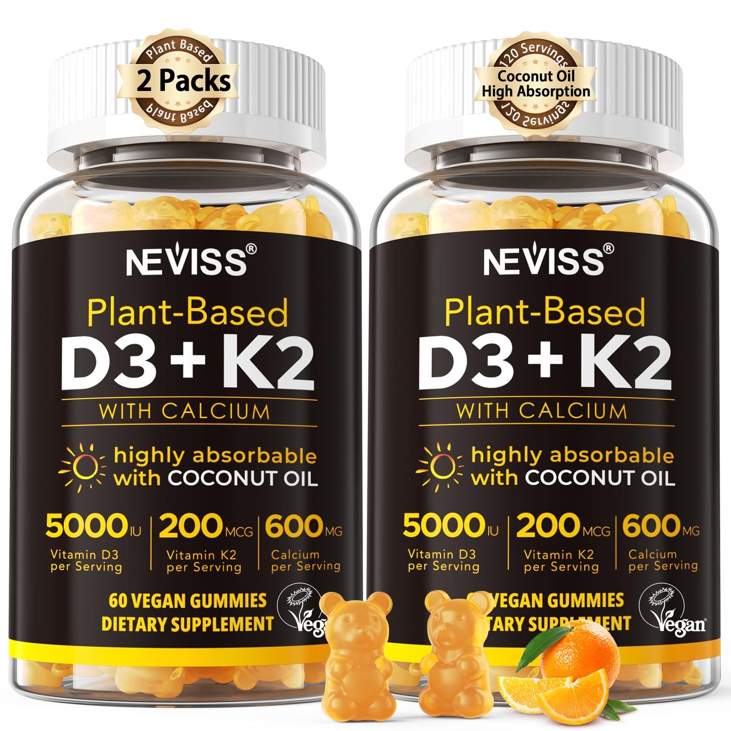 Vitamin D3 K2 Gummies - Vitamin D3 5000iu & K2 Vitamin 200mcg + Calcium 600mg for Adults & GLP-1 Friendly, with Coconut Oil for High Absorption, Support for Bone Muscle Teeth Immune, Vegan 120Count