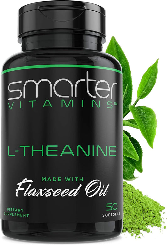 L-Theanine 250mg with Flaxseed Oil for Daily Calm Focus, 50 Liquid Softgels | Non-drowsy amino acid support for mental clarity, balanced mood and reduced caffeine jitters in easy-to-swallow softgels.