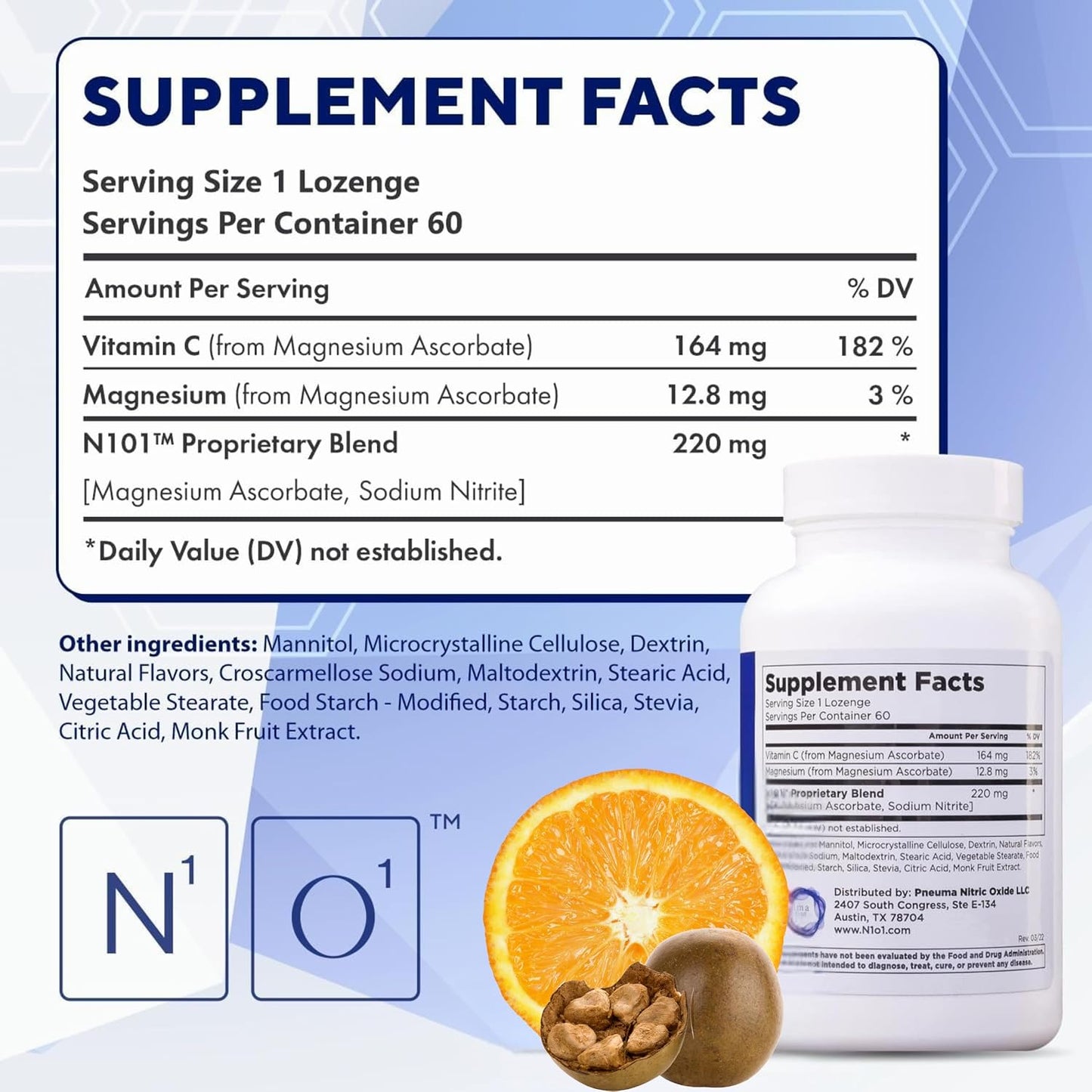 N1O1 Nitric Oxide Lozenges Supplement, 120 Count, 60-Day Supply | Developed by Dr. Nathan S. Bryan; Orange Flavor; Dissolvable Lozenges; Daily Nitric Oxide Support