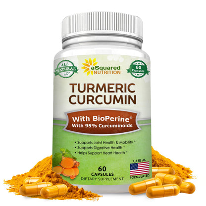 aSquared Nutrition Turmeric Curcumin 1300mg with BioPerine Black Pepper Extract - 180 Capsules - with 95% Curcuminoids, 100% Natural Tumeric Root Powder Supplements, Pure & Joint Stiffness Pills
