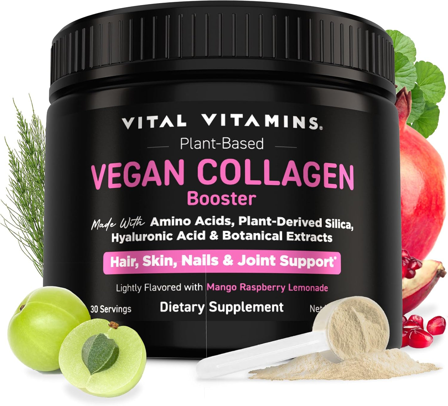 Vital Vitamins Vegan Collagen Booster Powder with Amino Acids & Vitamin C | Mango Raspberry Lemonade Flavor, Plant-Powered Collagen Support with Biotin & Hyaluronic Acid, 30 Servings