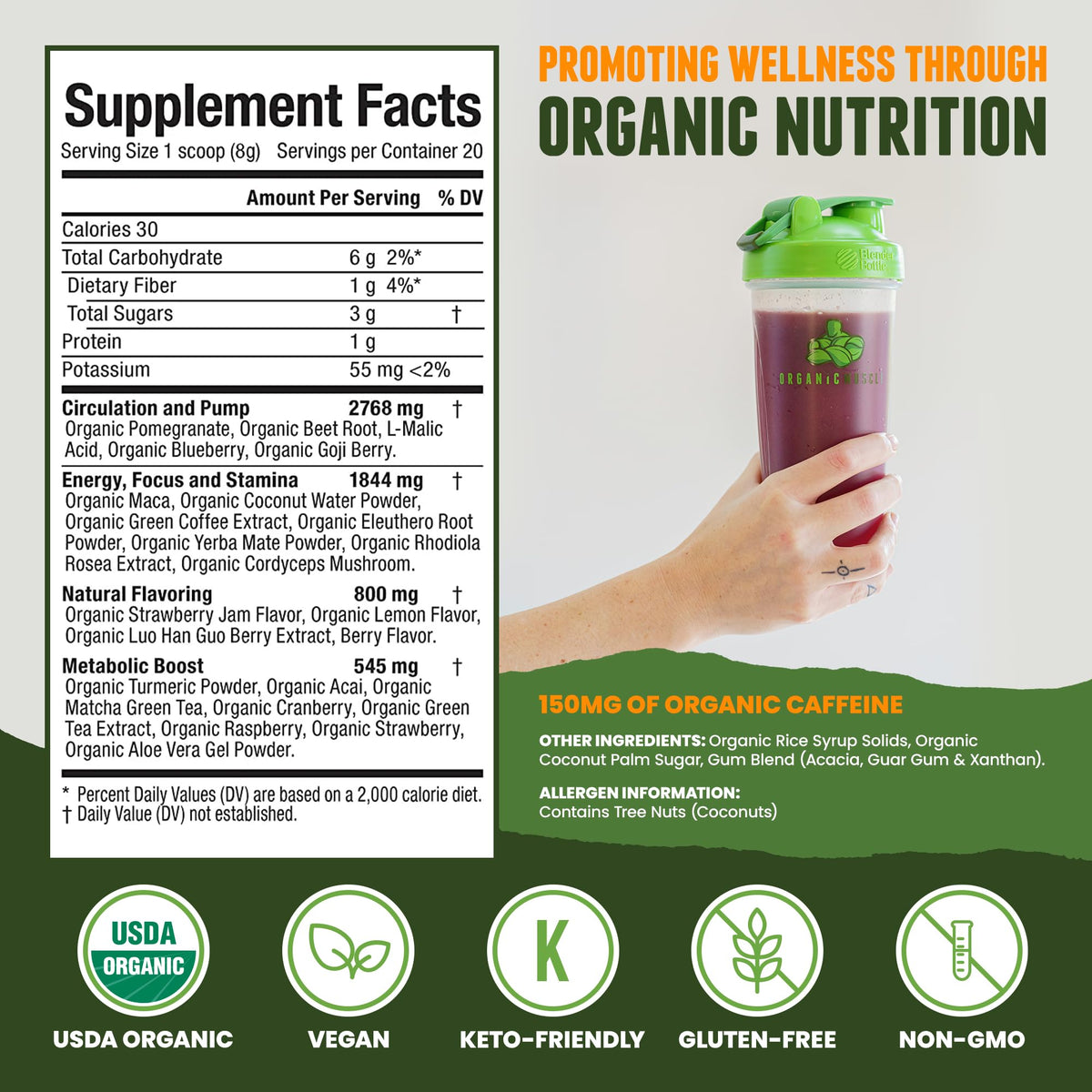 Organic Muscle Superfood Pre Workout Powder for Men & Women, Lemon Berry