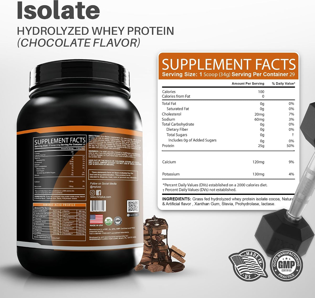 M+S Whey Protein Isolate Powder, 25g Protein, Chocolate, Grass Fed