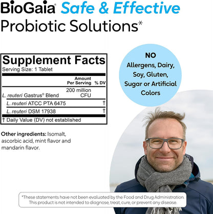 BioGaia Gastrus L reuteri Probiotic | 35 Years of Clinical Gut Research | L reuteri 6475 + 17938 Probiotics | Ease Gut Discomfort, Gas & Bloating | Promotes a Healthy Gut & Microbiome | 30 Chewables