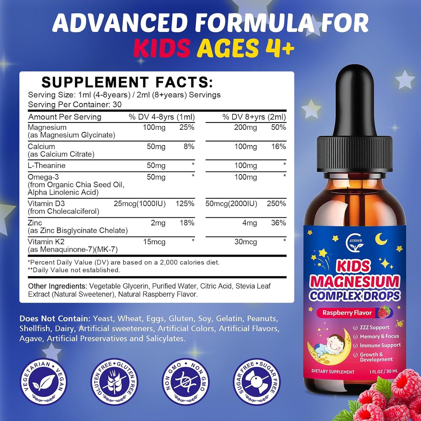 Magnesium Glycinate Liquid for Kids with L-Theanine, Omega-3 | Vitamin D3, K2, Zinc, Kids Magnesium Liquid Drops for Sleep & Calm, Brain, Bone, Sugar Free, Raspberry Flavor, 2 Bottles