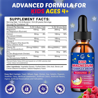 Magnesium Glycinate Liquid for Kids with L-Theanine, Omega-3 | Vitamin D3, K2, Zinc, Kids Magnesium Liquid Drops for Sleep & Calm, Brain, Bone, Sugar Free, Raspberry Flavor, 2 Bottles