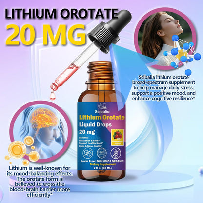 Lithium Orotate Liquid Drops 20mg, Potency 11-in-1 Lithium Supplement w. NAC Magnesium Ashwagandha Theanine Vitamin D3 B6 B12 for Memory Brain Mood Cognitive Support, Non-GMO Gluten Free