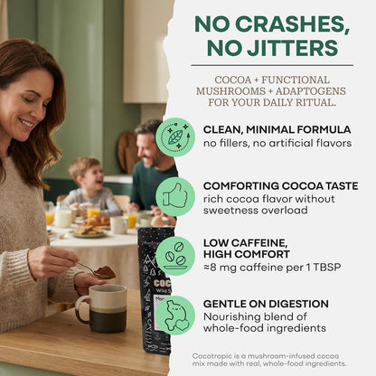 Organic Cocotropic Mushroom Hot Cocoa - Mushroom Coffee Alternative | Sugar Free Hot Chocolate | Organic Cocoa Powder, Reishi Mushrooms, Chaga, Maca Root, Turmeric | Delicious Sustained Focus, Energy & Mood Without Jitters | 16oz