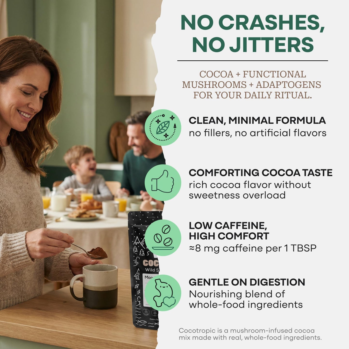 Organic Cocotropic Mushroom Hot Cocoa - Mushroom Coffee Alternative | Sugar Free Hot Chocolate | Organic Cocoa Powder, Reishi Mushrooms, Chaga, Maca Root, Turmeric | Delicious Sustained Focus, Energy & Mood Without Jitters | 16oz