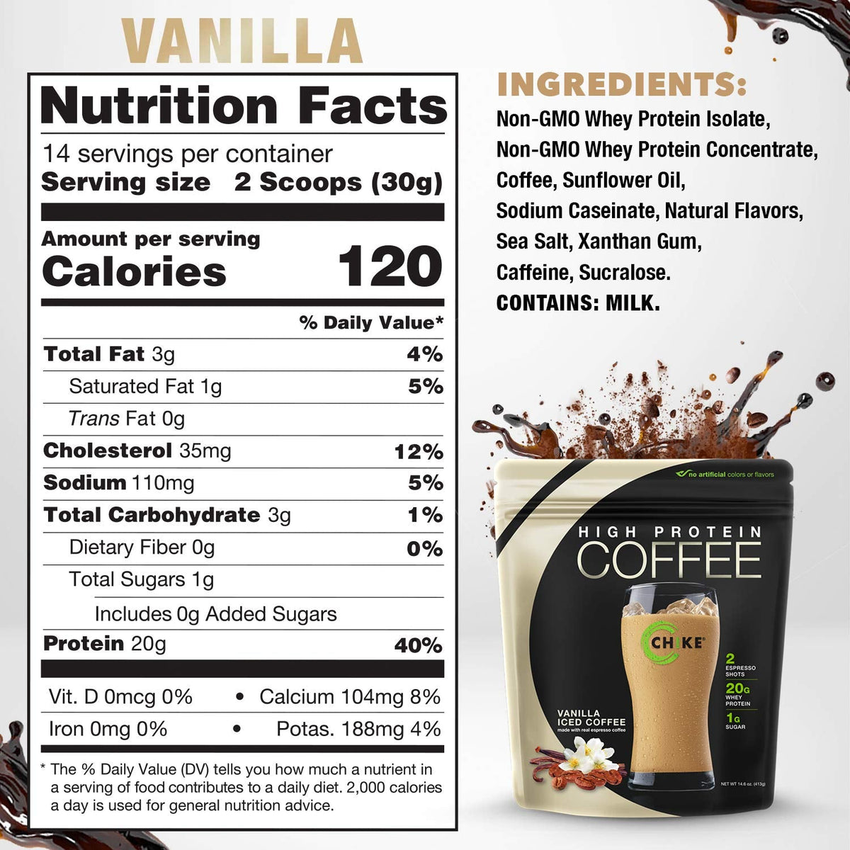 Chike Vanilla High Protein Iced Coffee, 20 G Protein, 2 Shots Espresso, 1 G Sugar