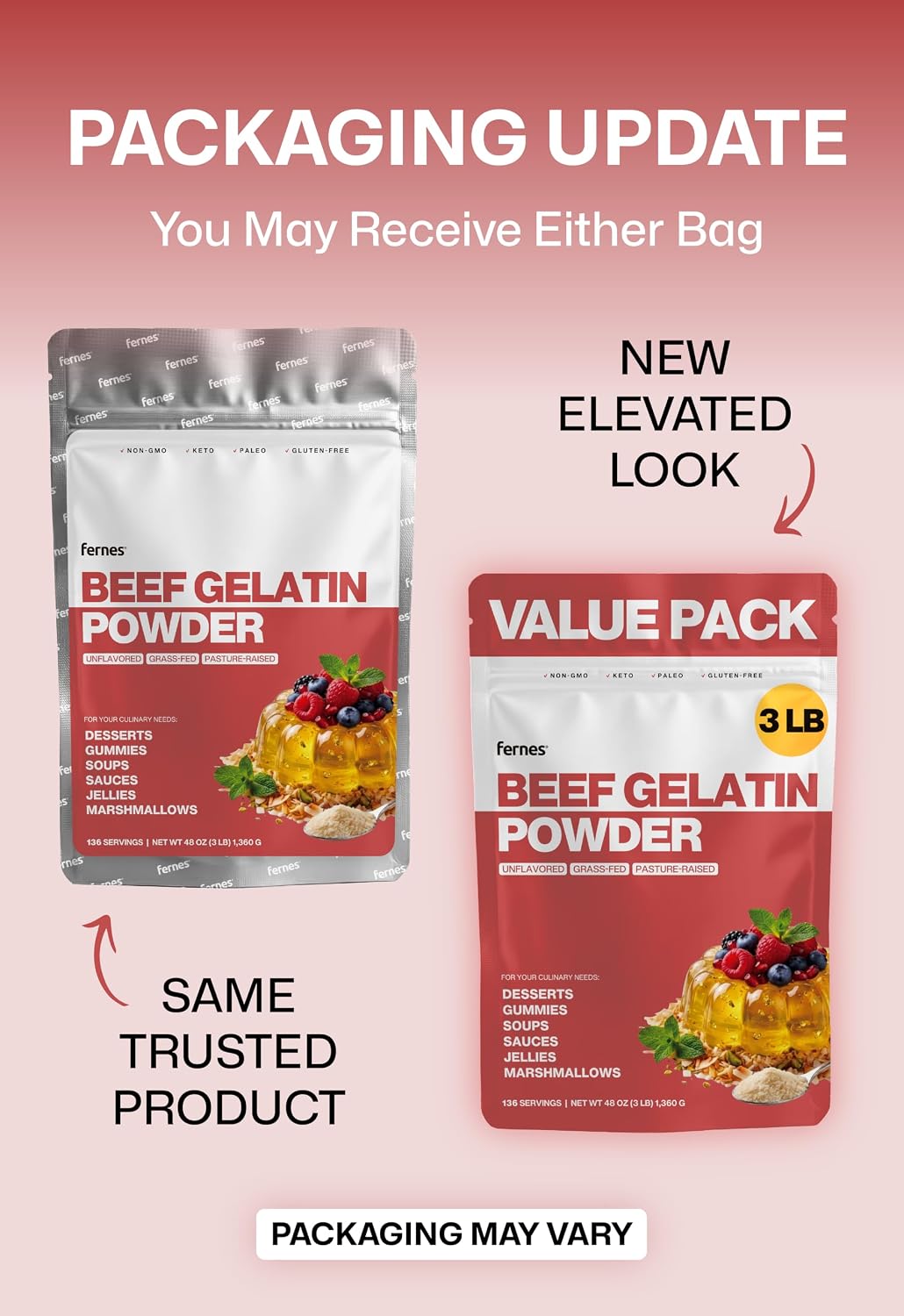 Fernes Beef Gelatin Powder (3 LB) Unflavored - Grass-Fed & Pasture-Raised, 225 Bloom Thickening Agent for Gummies, Marshmallows, Jellies, Desserts & Baking - Keto, Paleo, Non-GMO, Kosher, Gluten-Free