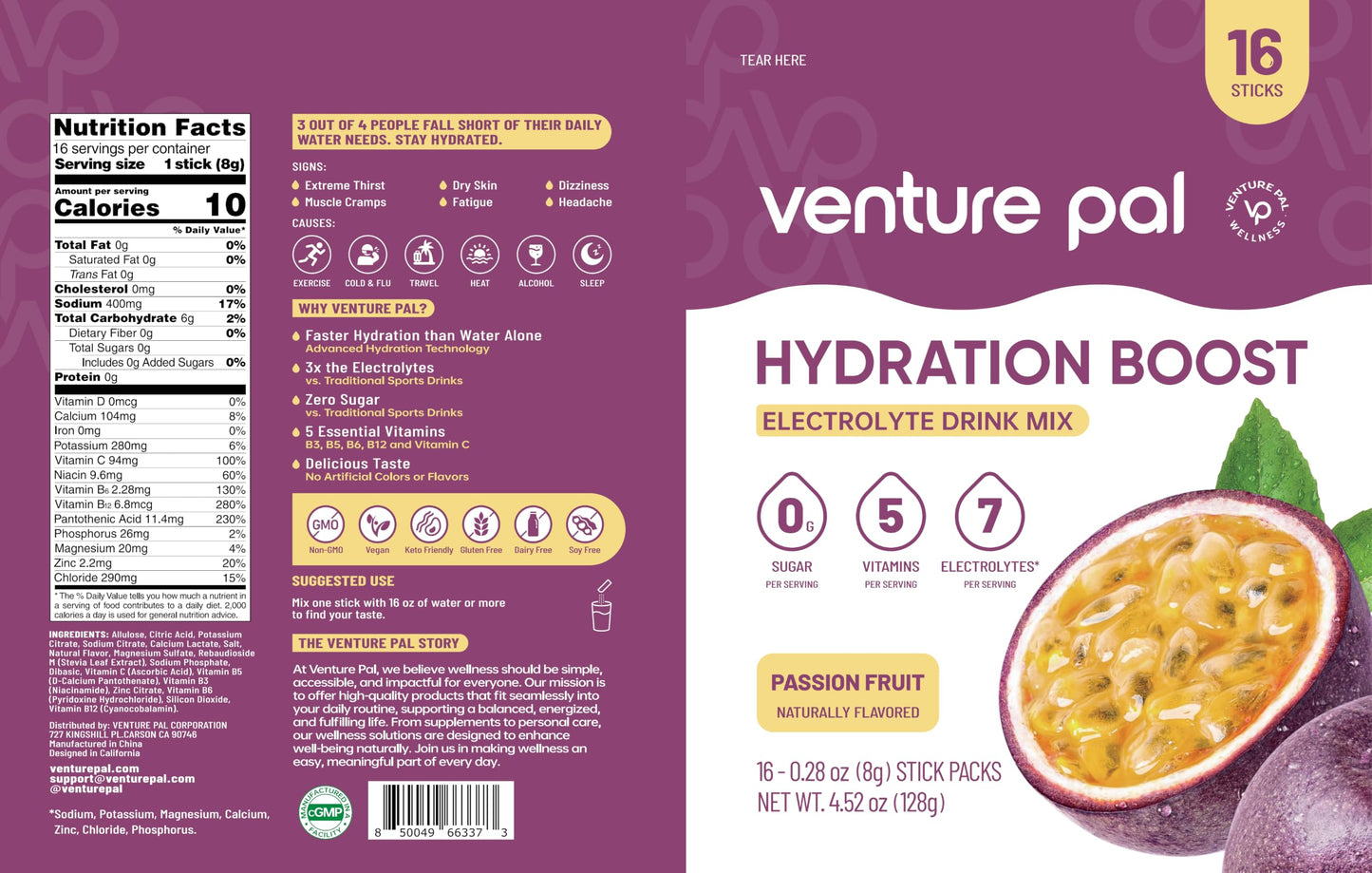 Venture Pal Sugar Free Electrolyte Packet, Liquid Daily IV Hydration Powder | 5 Vitamins & 7 Electrolytes, Instantly Hydration Packets for Sports & Party Recovery, Vegan, Keto Friendly, 16 Sticks