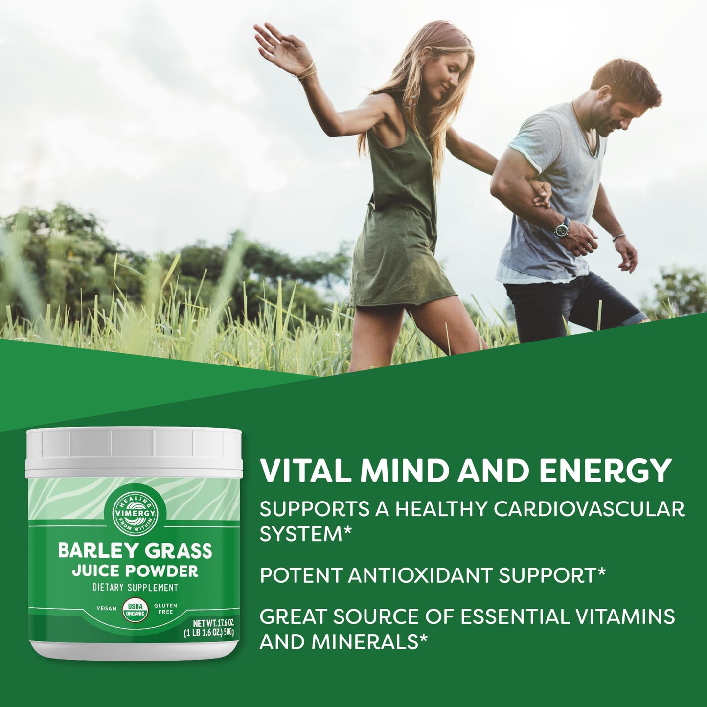 Vimergy Barley Grass Juice Powder Dietary Supplement - 4g per Serving (62 Servings) – Clean Superfood – Promotes Cardiovascular Health* – Organic, Vegan & Gluten-Free – Regular Size 250g