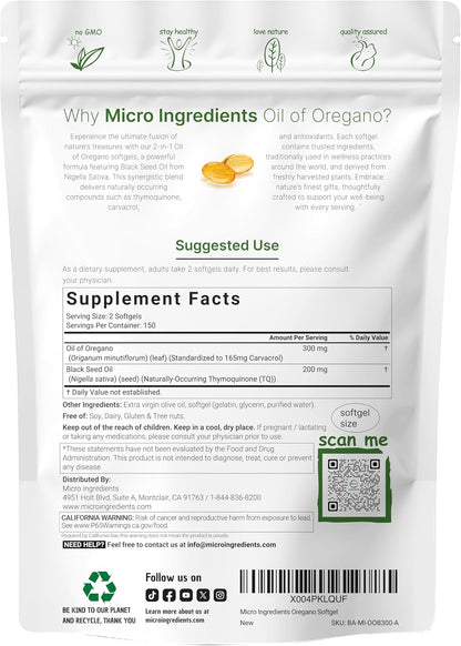 Micro Ingredients Oil of Oregano with Black Seed Oil, 300 Softgels | Naturally Occurring Carvacrol & Thymoquinone. 2-in-1 Oregano Oil Supplement. Non-GMO, Gluten Free, 3rd Party Tested.