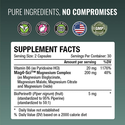 Approved Science Magnesium Complex - Magnesium Bisglycinate, Malate, Citrate, and Oxide, Heart, Headaches, Cramps, Energy - High Absorption - 60 Capsules - 1 Month Supply - Non-GMO - Vegan
