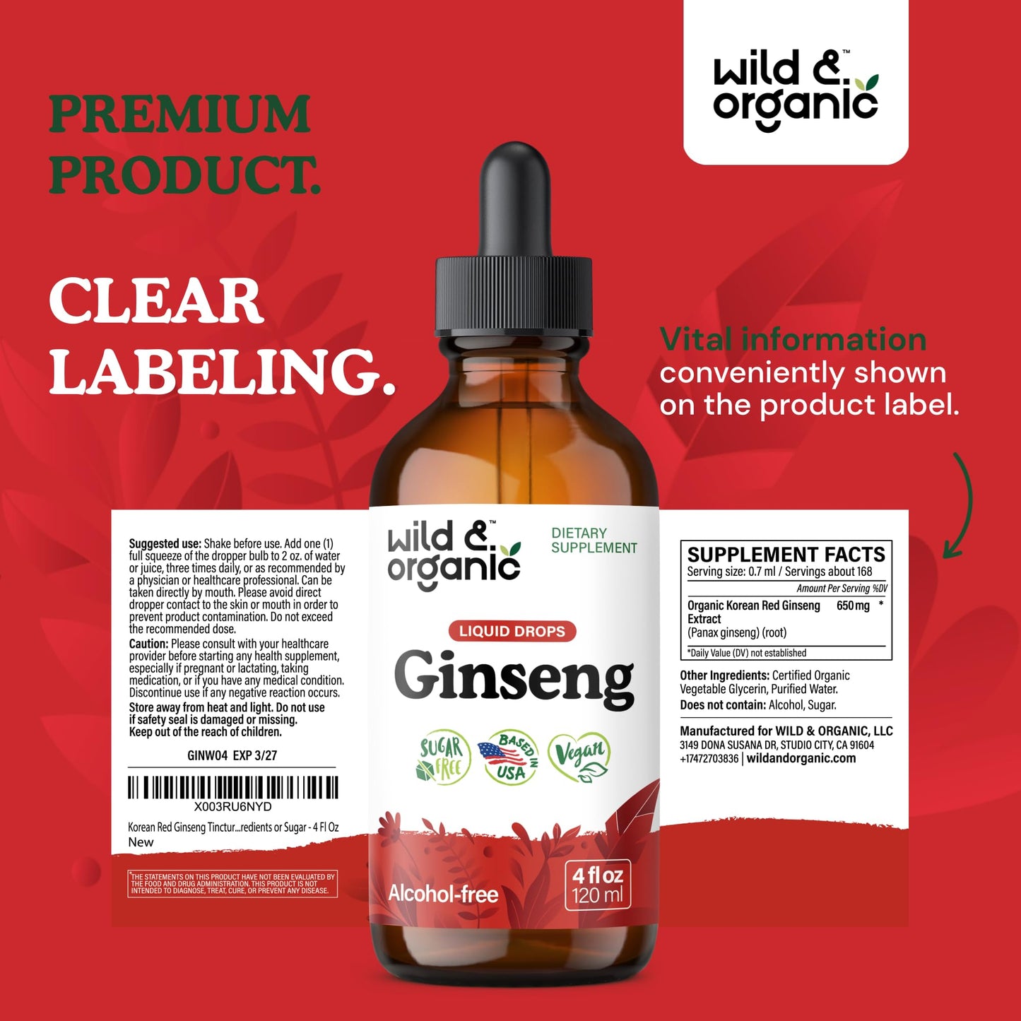 Wild & Organic Korean Panax Ginseng Extract Liquid Drops - Immune & Energy Support - Red Ginseng Root Supplement - Easy to Add to Tea - Vegan, Sugar & Alcohol-Free Tincture - 4 fl oz