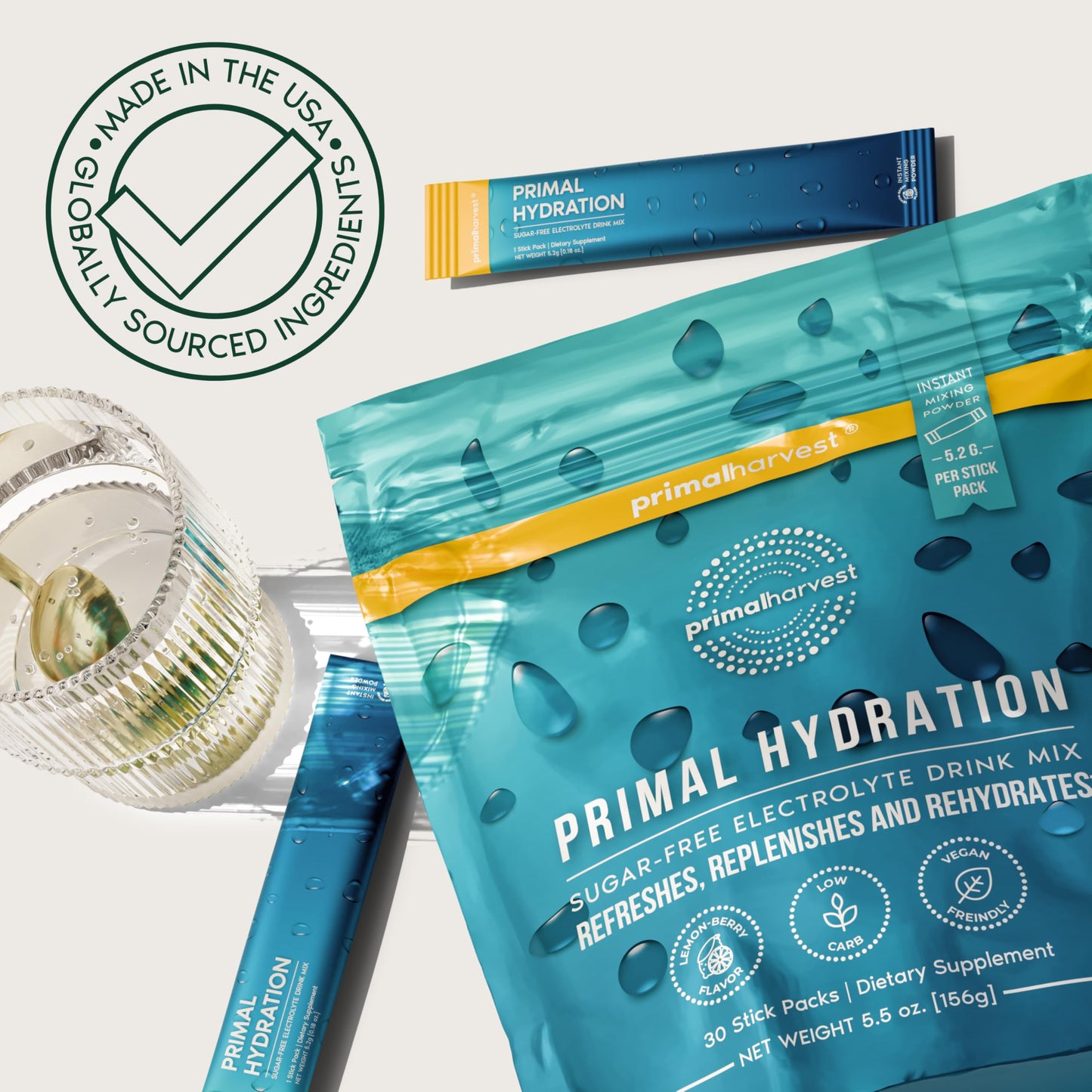 Primal Harvest Hydration - Electrolytes Sticks, Lemon Berry Flavor, Vegan