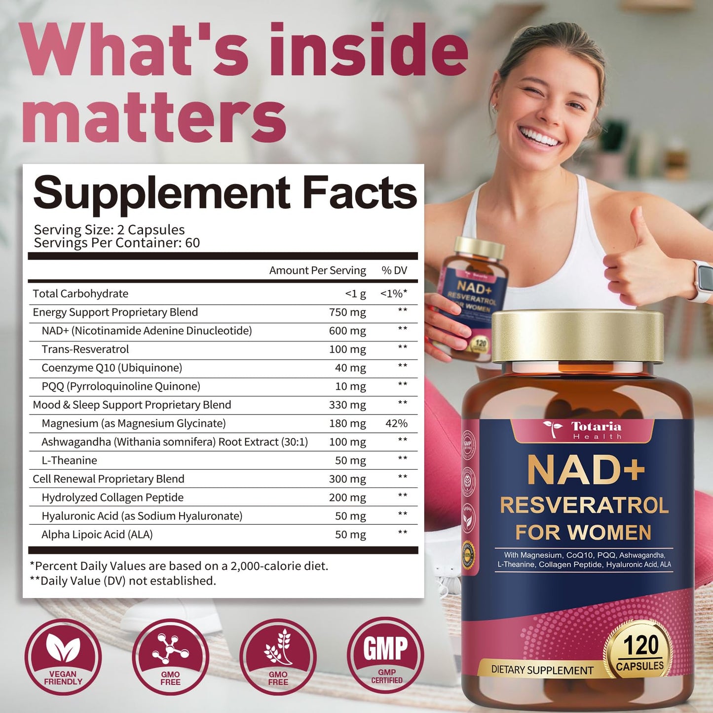 Totaria NAD+ Supplement for Women - NAD Trans-Resveratrol Supplement with Magnesium,CoQ10,PQQ, Ashwagandha,Collagen Peptide - NMN & NMNH Alternative - Cellular Renewal & Energy - 120 Capsules