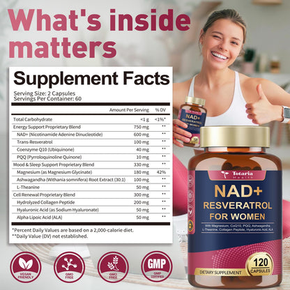 Totaria NAD+ Supplement for Women - NAD Trans-Resveratrol Supplement with Magnesium,CoQ10,PQQ, Ashwagandha,Collagen Peptide - NMN & NMNH Alternative - Cellular Renewal & Energy - 120 Capsules