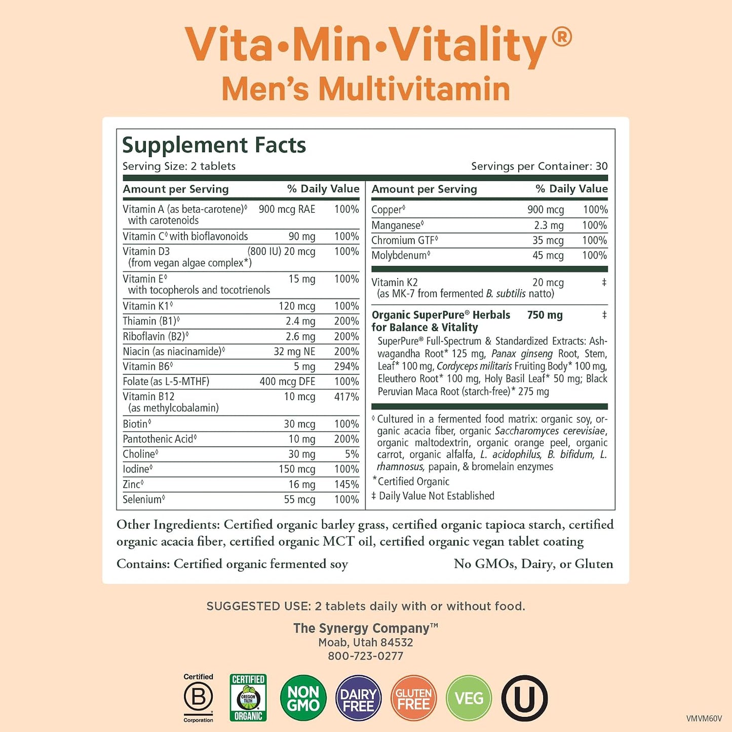 PURE SYNERGY Vita·Min·Vitality | Natural Multivitamin for Men | Men’s Daily Multivitamin Made with Organic Whole Foods | for Energy, Stress, and Immune Support (60 Tablets)