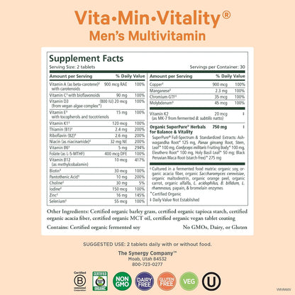 PURE SYNERGY Vita·Min·Vitality | Natural Multivitamin for Men | Men’s Daily Multivitamin Made with Organic Whole Foods | for Energy, Stress, and Immune Support (60 Tablets)