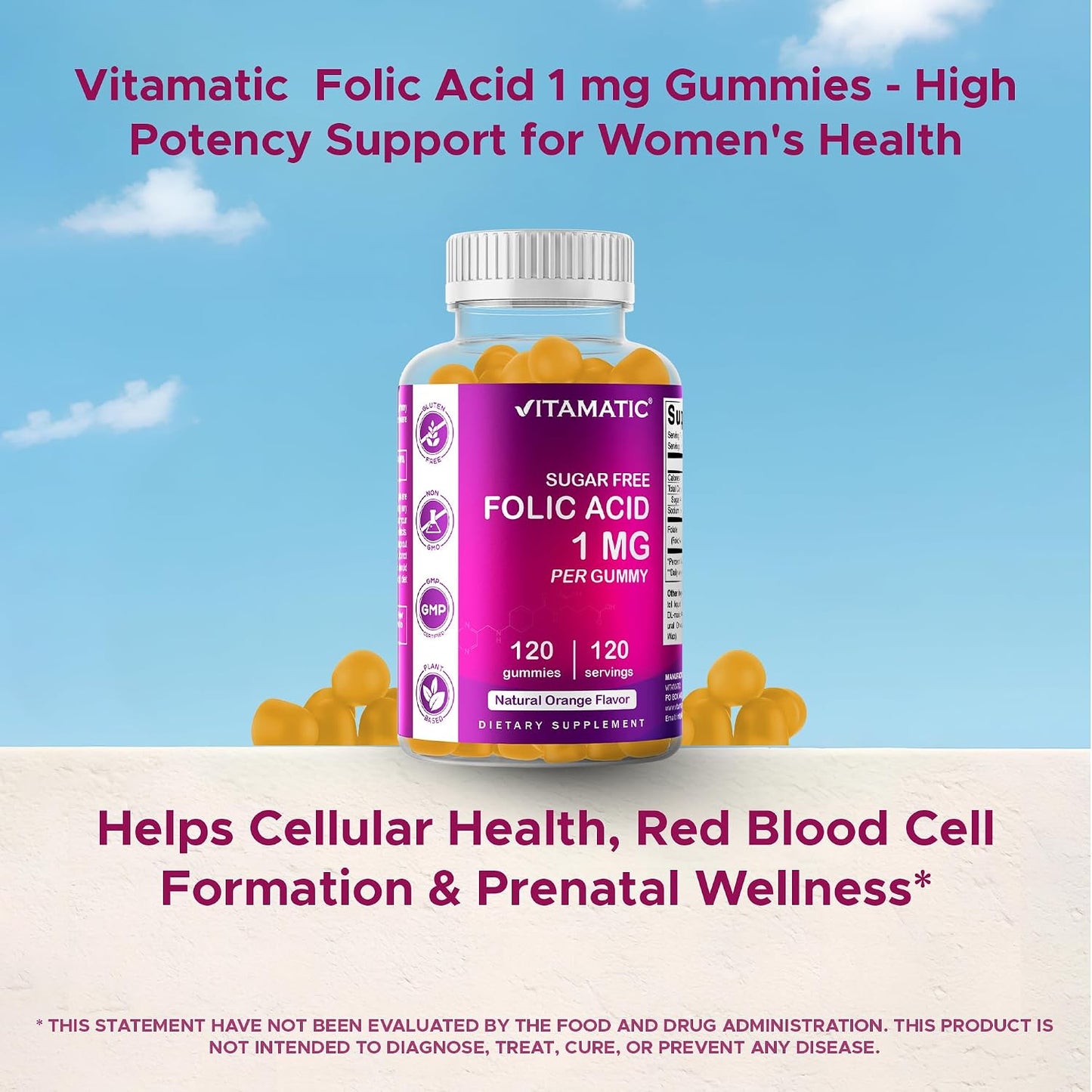 Vitamatic Sugar Free Folic Acid 1 mg Gummies 120 Count Orange Flavor | 1 mg Folic Acid, 1667 mcg DFE per gummy, Healthy cell growth, red blood cell formation, Gluten Free, Non GMO