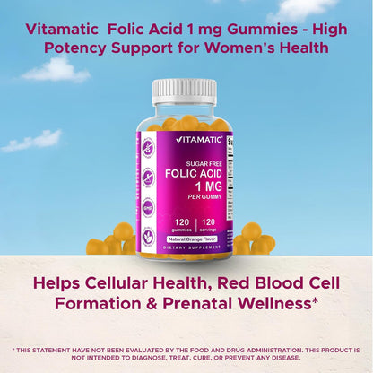 Vitamatic Sugar Free Folic Acid 1 mg Gummies 120 Count Orange Flavor | 1 mg Folic Acid, 1667 mcg DFE per gummy, Healthy cell growth, red blood cell formation, Gluten Free, Non GMO