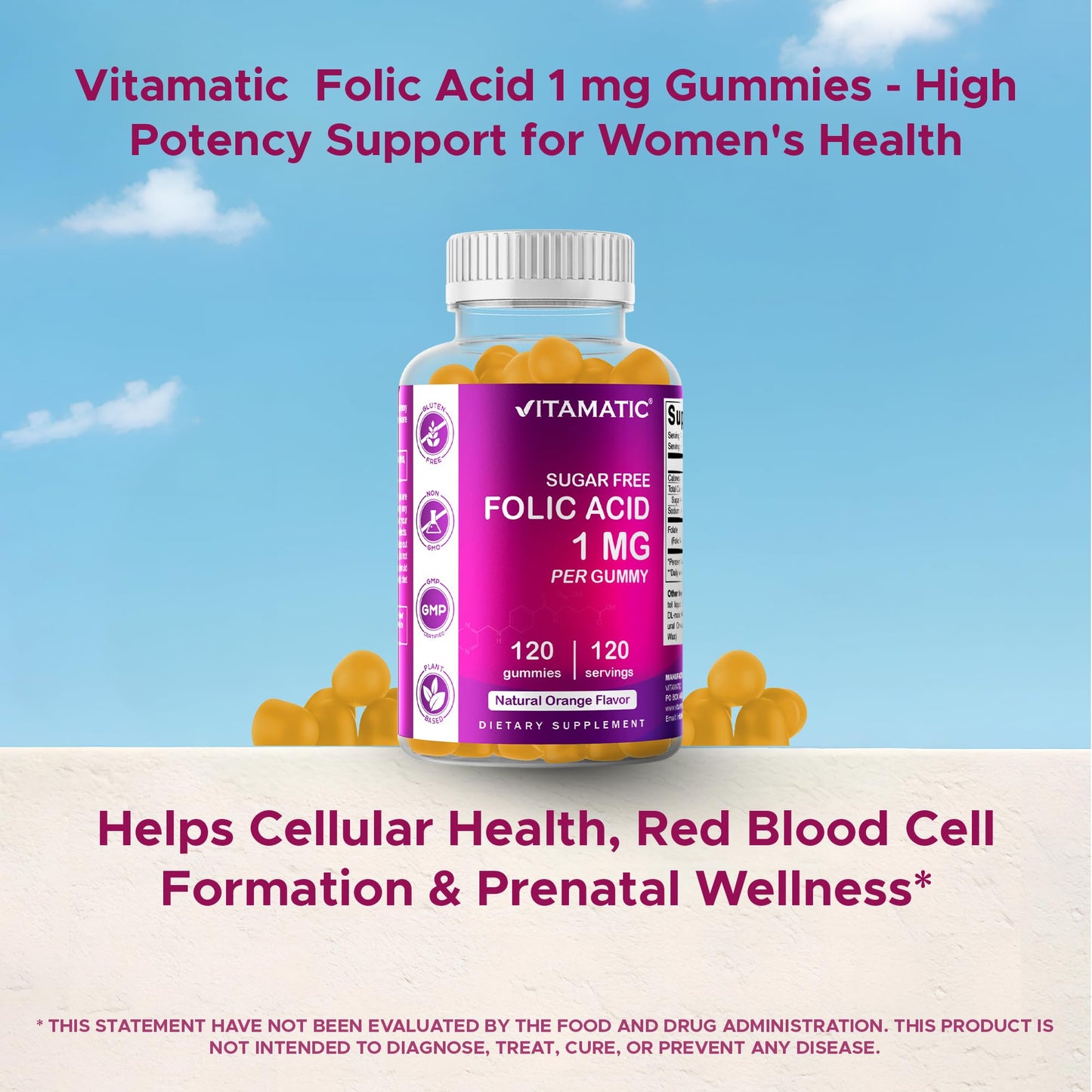 Vitamatic Sugar Free Folic Acid 1 mg Gummies 120 Count Orange Flavor | 1 mg Folic Acid, 1667 mcg DFE per gummy, Healthy cell growth, red blood cell formation, Gluten Free, Non GMO