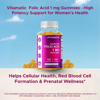 Vitamatic Sugar Free Folic Acid 1 mg Gummies 120 Count Orange Flavor | 1 mg Folic Acid, 1667 mcg DFE per gummy, Healthy cell growth, red blood cell formation, Gluten Free, Non GMO