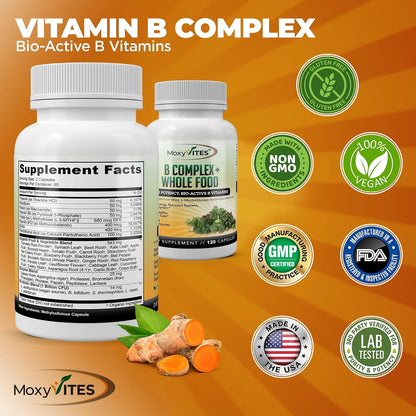 MoxyVites Vitamin B Complex - B Vitamins Whole Food Supplement, B12 Methylcobalamin, B1, B2, B3, B5, B6, B7, B9 - for Stress, Energy and Immune Support, Vegan, 120 Capsules