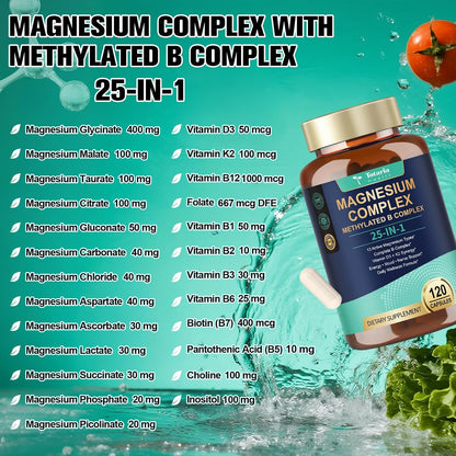 25-in-1 Magnesium Complex with Methylated B Complex Magnesium Glycinate Citrate Malate Taurate Gluconate Aspartate Carbonate D3 K2, Magnesium Supplement for Relaxation Energy & Nerve, 120 Vegan Caps