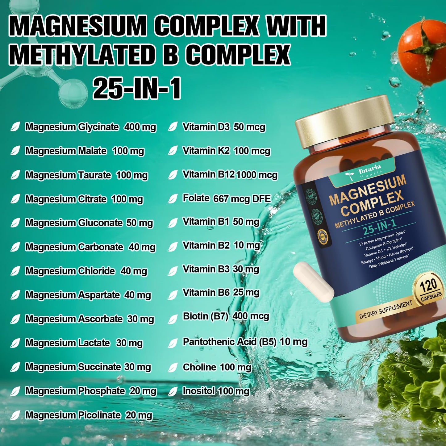 25-in-1 Magnesium Complex with Methylated B Complex Magnesium Glycinate Citrate Malate Taurate Gluconate Aspartate Carbonate D3 K2, Magnesium Supplement for Relaxation Energy & Nerve, 120 Vegan Caps