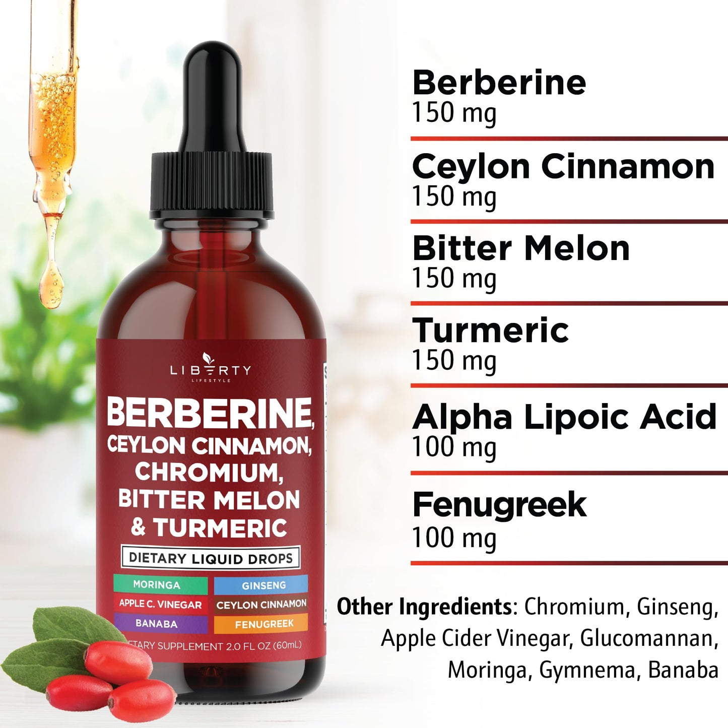 Berberine with Ceylon Cinnamon Supplement Liquid Drops + Bitter Melon Extract, Glucomannan, Gymnema, Chromium, Turmeric, Panax Ginseng, Moringa- 4 OZ