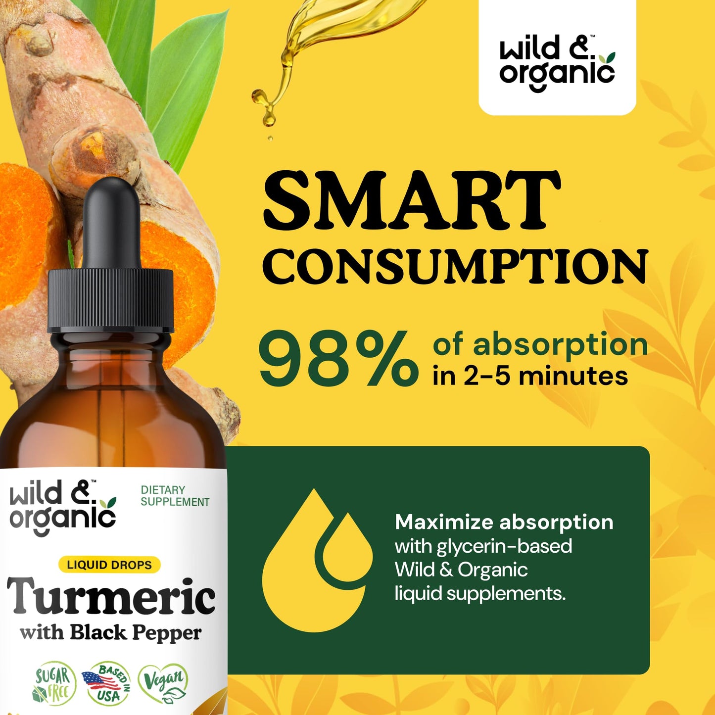 Wild & Organic Turmeric Supplement Liquid Drops - Movement & Immune Support - Liquid Turmeric with Black Pepper Extract - Add to Tea Tincture - Curcumin Supplements - Sugar & Alcohol-Free - 4 fl oz
