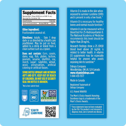 Ddrops Adults 1000 IU 180 Drops, Liquid Vitamin D. Supports Strong Bones & Immune System. No Large Capsules, No Preservatives, Non-GMO, Allergy-Friendly