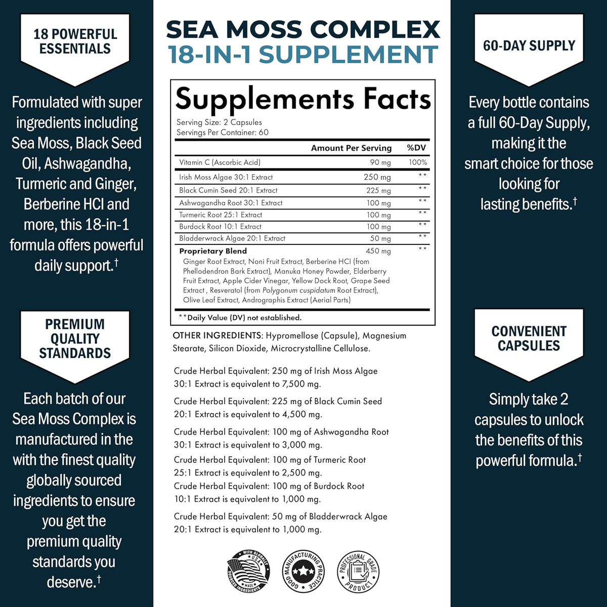 Sea Moss Black Seed Oil Ashwagandha Ginger - 120 Sea Moss Capsules