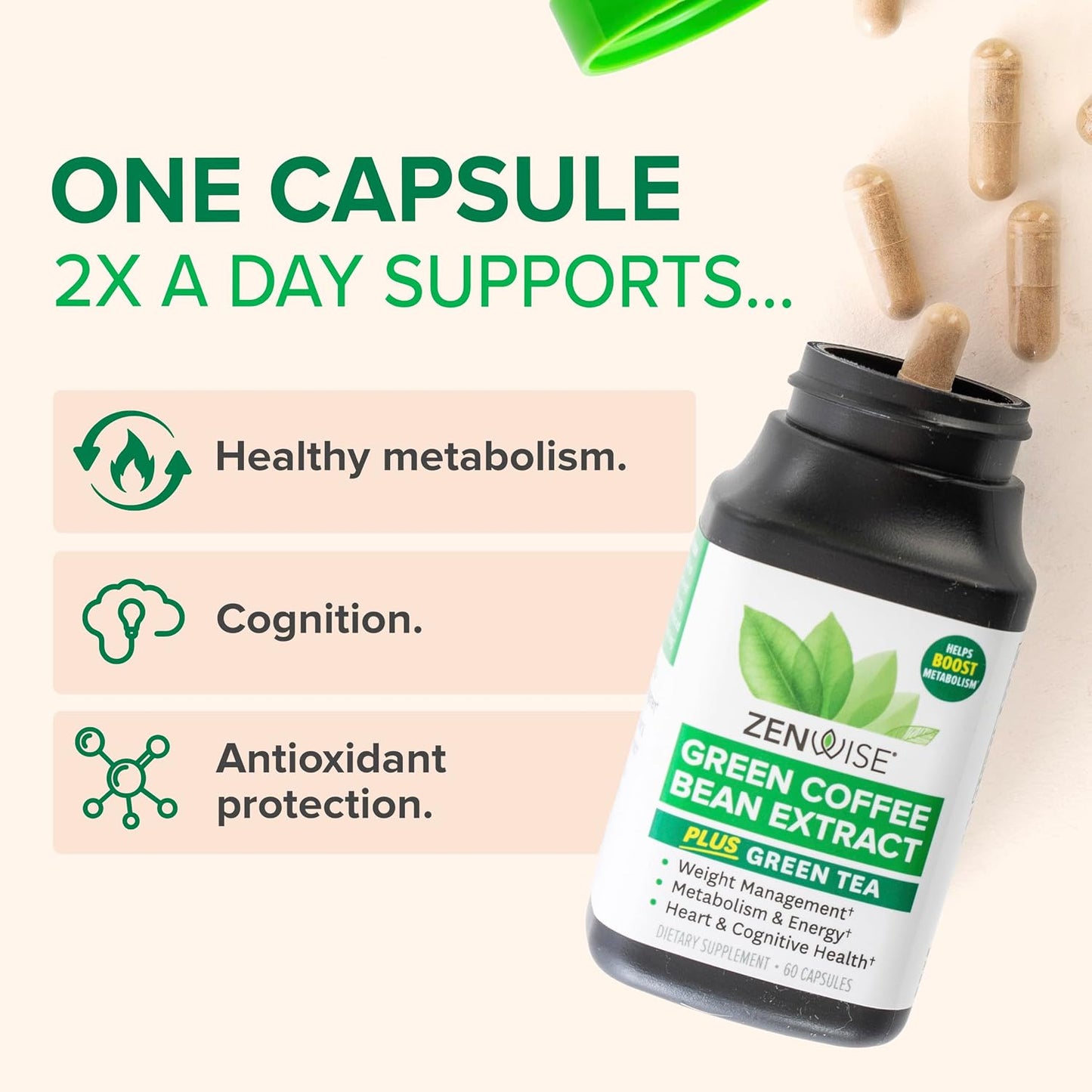 Zenwise Health Green Coffee Bean, Green Tea Extract Capsules - 60 CT | Capsules, 50% EGCG, 98% Polyphenols, Coffee Bean Extract, Antioxidant, Heart Brain & Metabolism Support