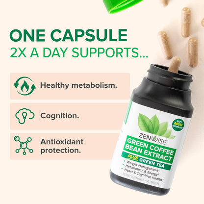 Zenwise Health Green Coffee Bean, Green Tea Extract Capsules - 60 CT | Capsules, 50% EGCG, 98% Polyphenols, Coffee Bean Extract, Antioxidant, Heart Brain & Metabolism Support