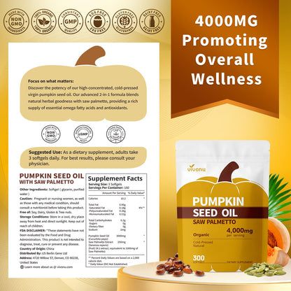VivoNu Pumpkin Seed Oil with Saw Palmetto Capsules, 4000mg 300 Softgels | Organic, Cold Pressed | DHT Blocker | Supports Hair, Urinary, Bladder & Prostate Health | Non-GMO | Organic, Cold Pressed | DHT Blocker | Supports Hair, Urinary, Bladder & Prostate